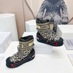 CD Snow Ankle Boots Black Beige Cowhide Nylon Fabric 539662