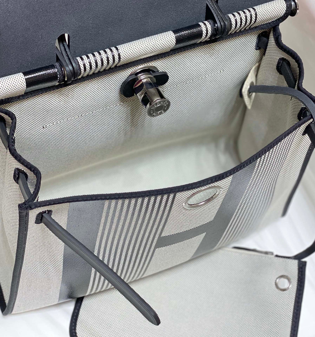 Herbag 31 Toile White Black Canvas Black Cowhide Leather