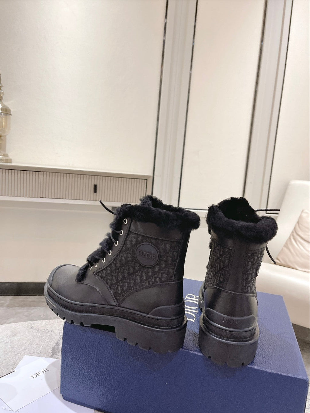 CD Explorer Ankle Boot 50mm Black Fleece Lining Oblique Jacquard Fabric And Cowhide