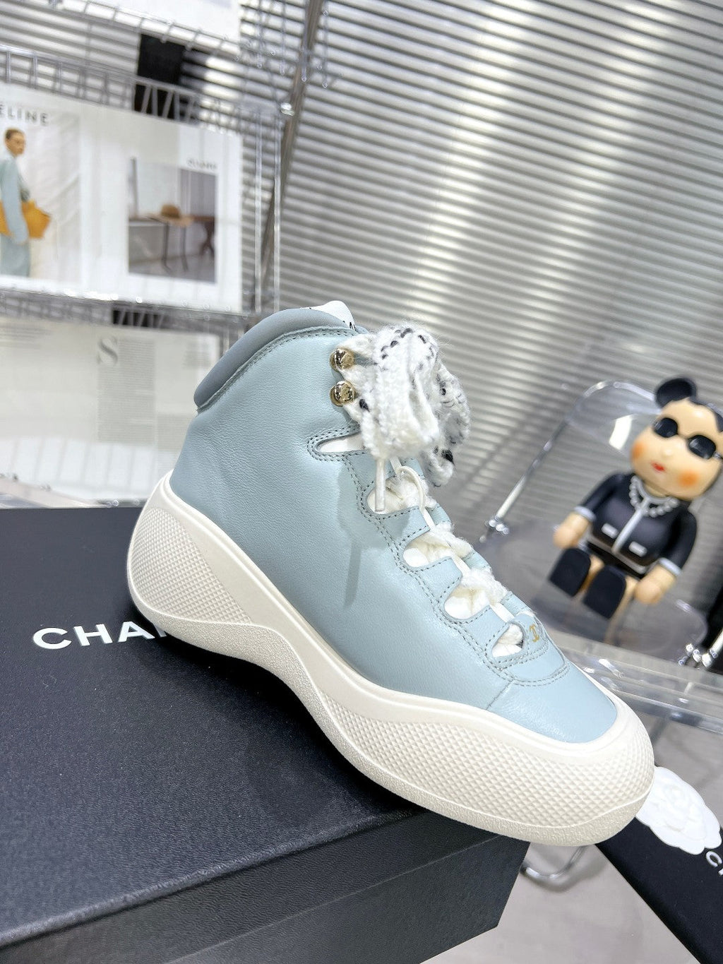 CC CANO ALTO SNEAKER IN BLUE POWDER CALFSKIN AND WHITE RUBBER