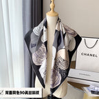 CC Square Scarf 90 CM In White Black Mix Grey Light Beige Silk 288698
