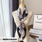CC Square Scarf 90 CM In White Black Mix Grey Light Beige Silk 288698