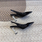 OPYUM SILVER HEEL SLINGBACK PUMPS IN BLACK GLOSSY CALFSKIN