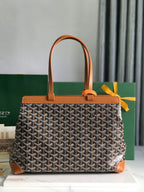 BELLECHASSE BIAUDE PM BAG 36 IN BLACK GOYARDINE CANVAS AND TAN CALFSKIN TRIM
