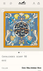 Cavalcades Scarf 90 CM In Blue Yellow Colorful Silk Twill 288859
