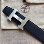HM BELT BUCKLE & REVERSIBLE BLACK LEATHER STRAP 38MM SILVER HARDWARE