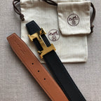 HM BELT BUCKLE & REVERSIBLE BLACK AND BRONZE BROWN LEATHER STRAP 38MM GOLD HARDWARE