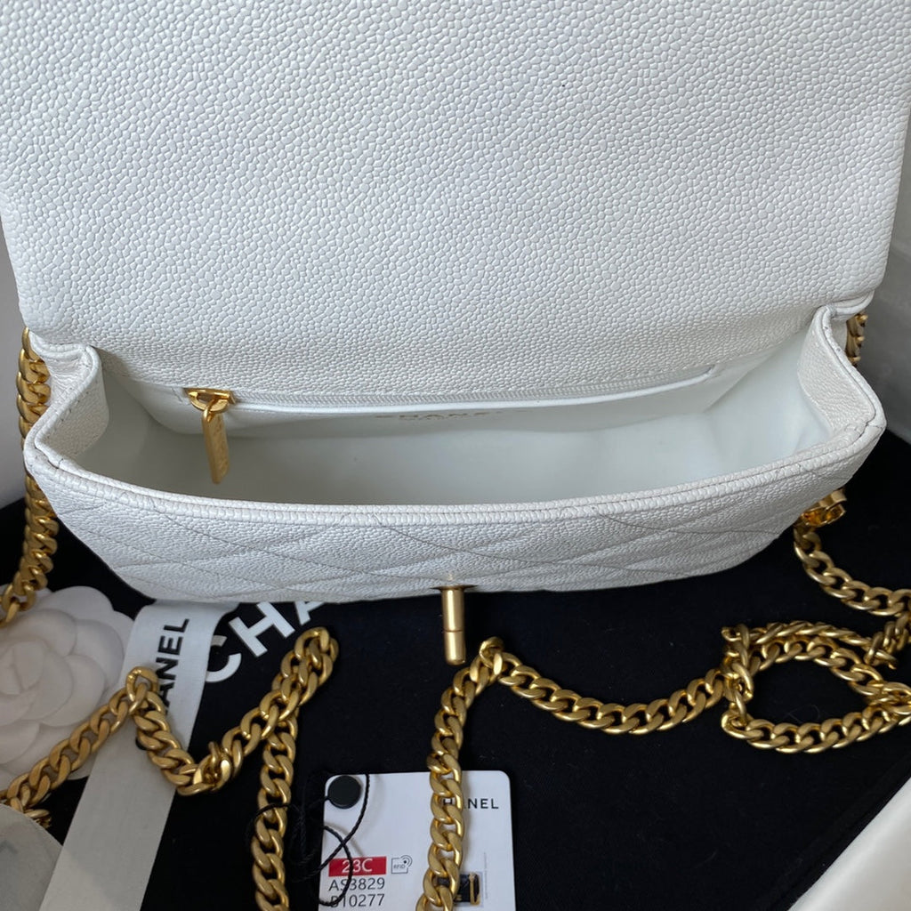 Flap Bag 20cm White Caviar Gold Hardware