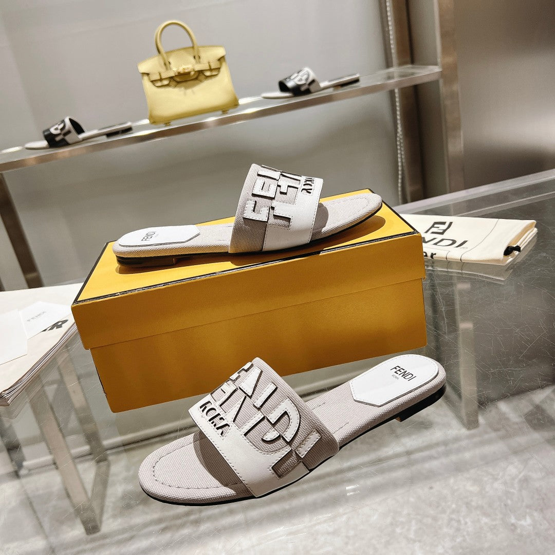 FF Women Roma Signature White Grey Canvas Leather Slide