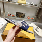 FF Women Roma Signature Blue Grey Canvas Leather Slide