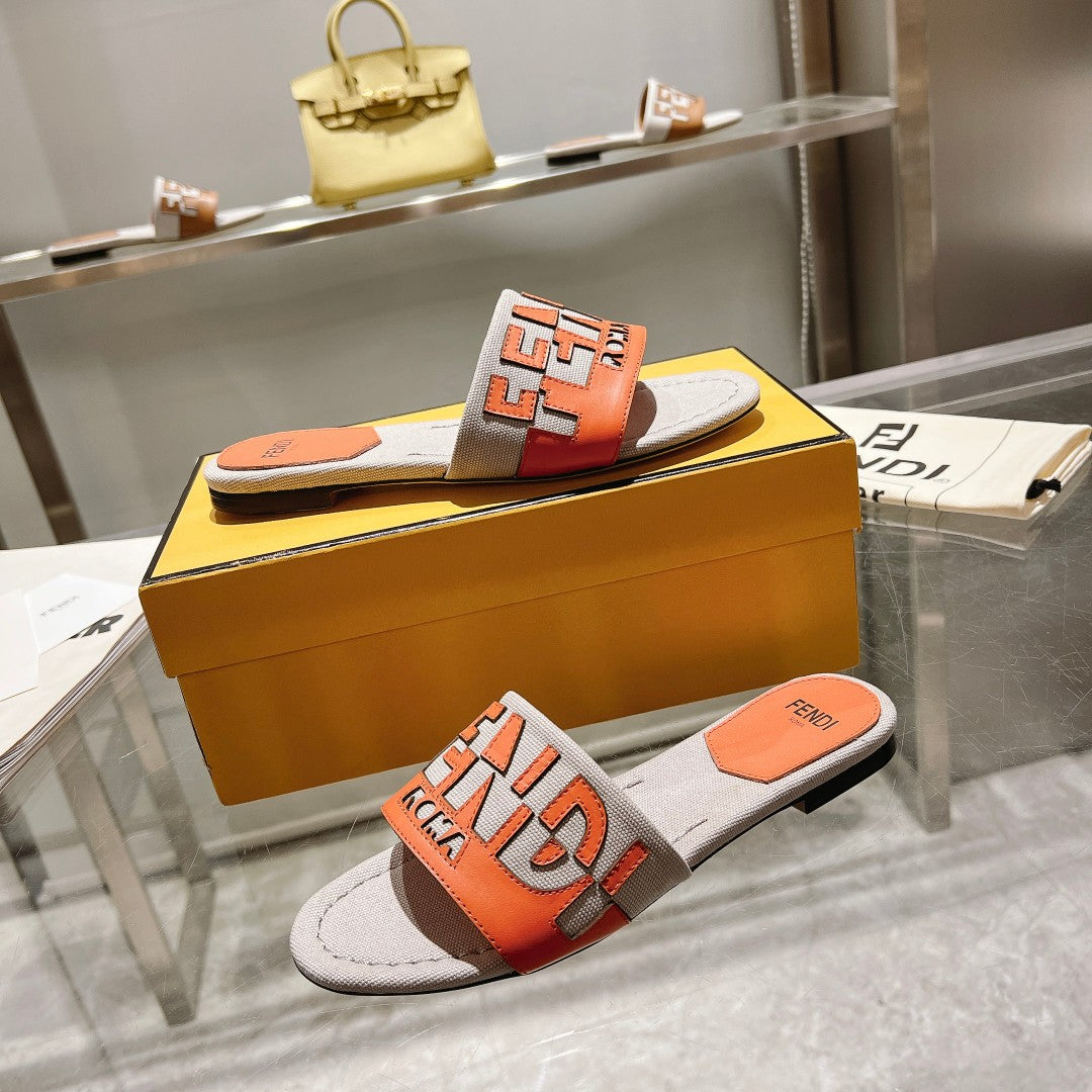FF Women Roma Signature Orange Grey Canvas Leather Slide