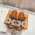 CHYPRE SANDAL BRIGHT BROWN LAMBSKIN AND SILVER DENIM