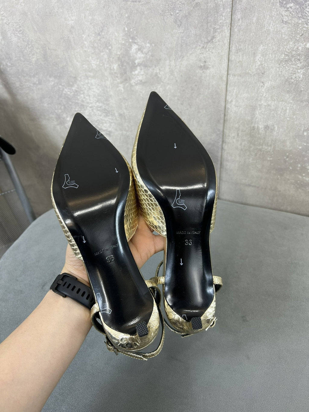 cl kitten with strap 45 gold lizard stamped metalized calfskin