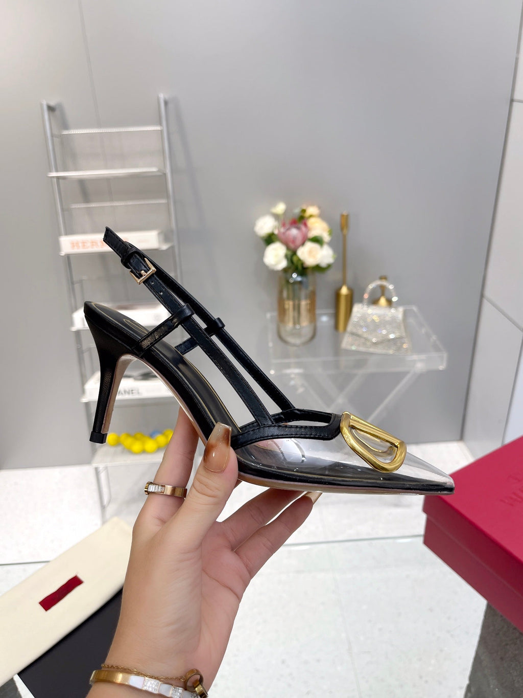 VT Vlogo Slingback Black PVC Sheepskin