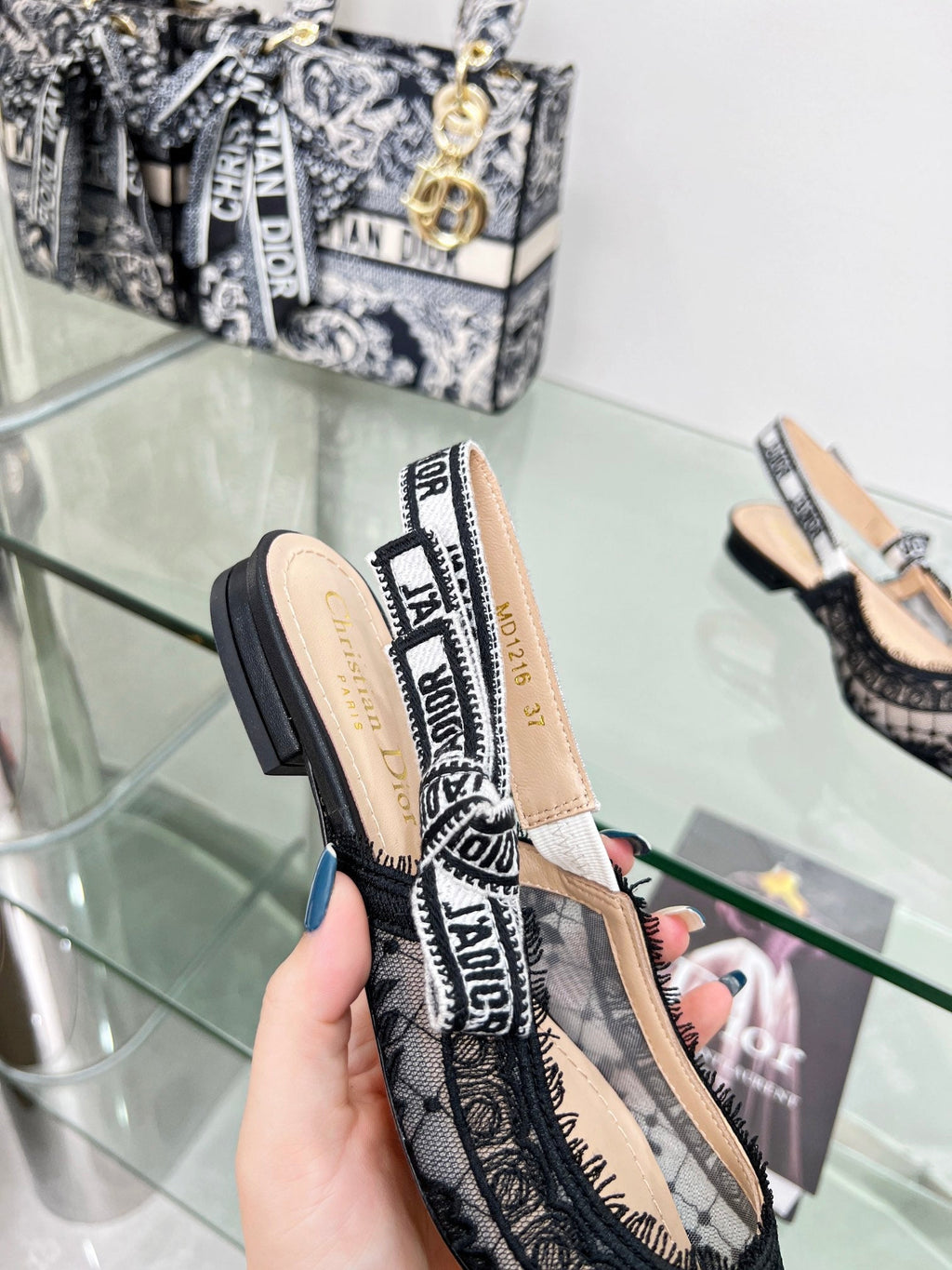 cd slingback flat transparent mesh embroidered black flower moitf
