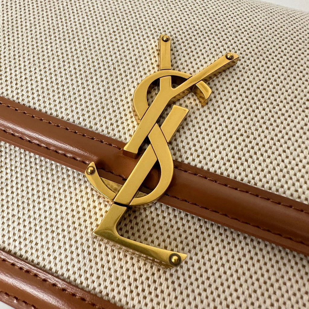 YSL Solferino Small Satchel Bag Brown Beige Gold Calfskin Canvas 339479