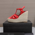 SL TRIBUTE WEDGE SANDALS CRIMSON CALFSKIN