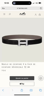 HM Silver H Buckle & Reversible 32mm Belt Beige mix Black leather 124653