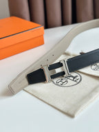 HM Silver H Buckle & Reversible 32mm Belt Beige mix Black leather 124653