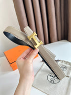 HM Gold H Buckle & Reversible 32mm Belt Beige mix Black leather 124654