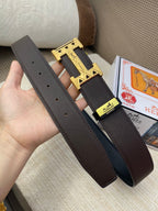 HM Belt 38mm Chocolate Black Cowhide Leather Gold Buckle 619065