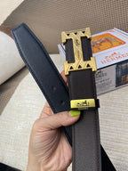 HM Belt 38mm Chocolate Black Cowhide Leather Gold Buckle 619065