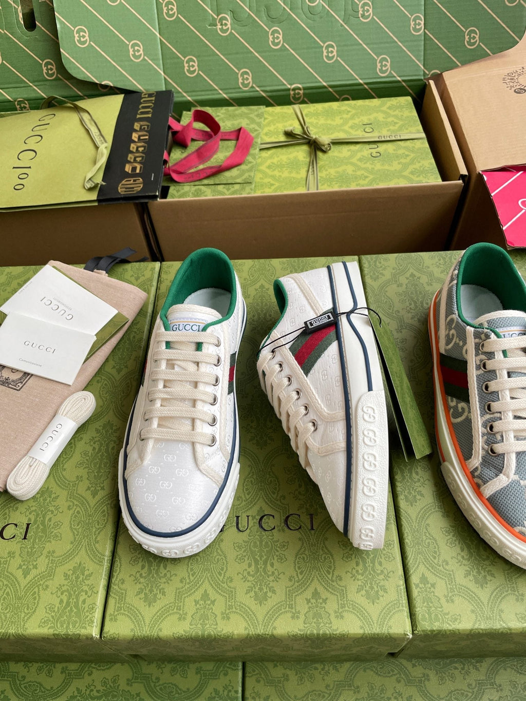 GG 26 Platform Sneaker White Green Monogram Canvas 632829
