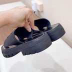 LEA TRIOMPHE PLATFORM SLIDES WOMEN VEGETABLE TANNED CALFSKIN BLACK