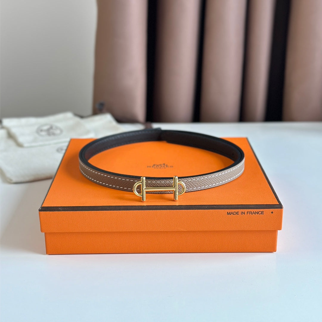 HM GAMMA BUCKLE & REVERSIBLE KHAKI BROWN AND BLACK LEATHER STRAP 13MM GOLD HARDWARE