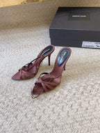 CROSS STRAP HIGH HEEL IN CHESTNUT SILK GOLD CHAIN