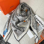 Retour A La Nature Shawl 140 CM White Black Colorful Silk