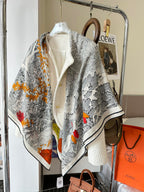 Retour A La Nature Shawl 140 CM White Black Colorful Silk
