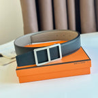 HM  BELT BUCKLE & REVERSIBLE GREY PASTEL AND BLACK LEATHER STRAP 38MM SILVER HARDWARE