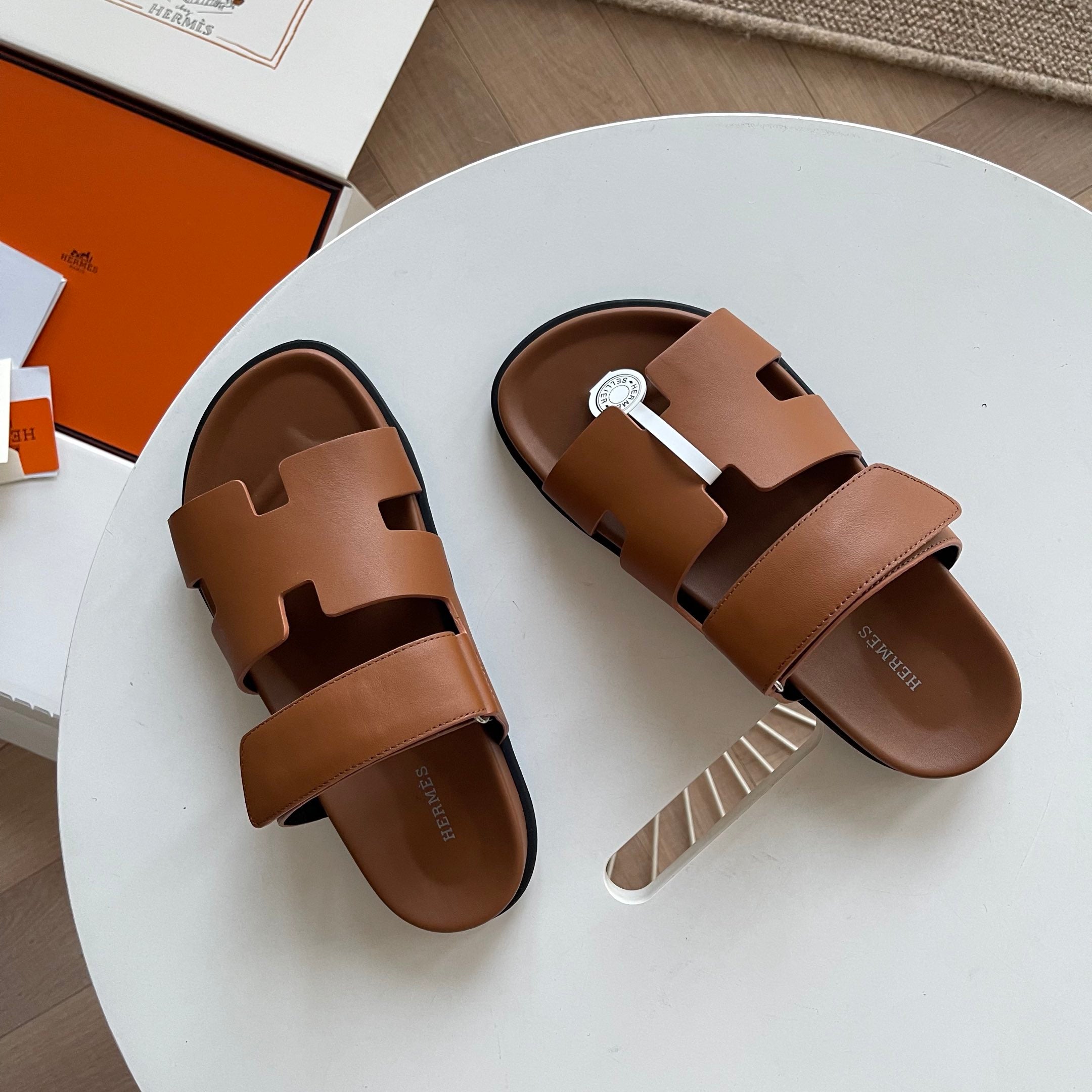 HM Men's Chypre Slide Brown Calfskin 538602