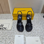FENDI CHUNKY HIGH-HEELED SANDAL IN BLACK CALFKIN WITH GOLD HARDWARE