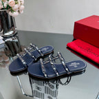 VT 25 Rockstud Flat Sandals Navy Blue PVC Sheepskin