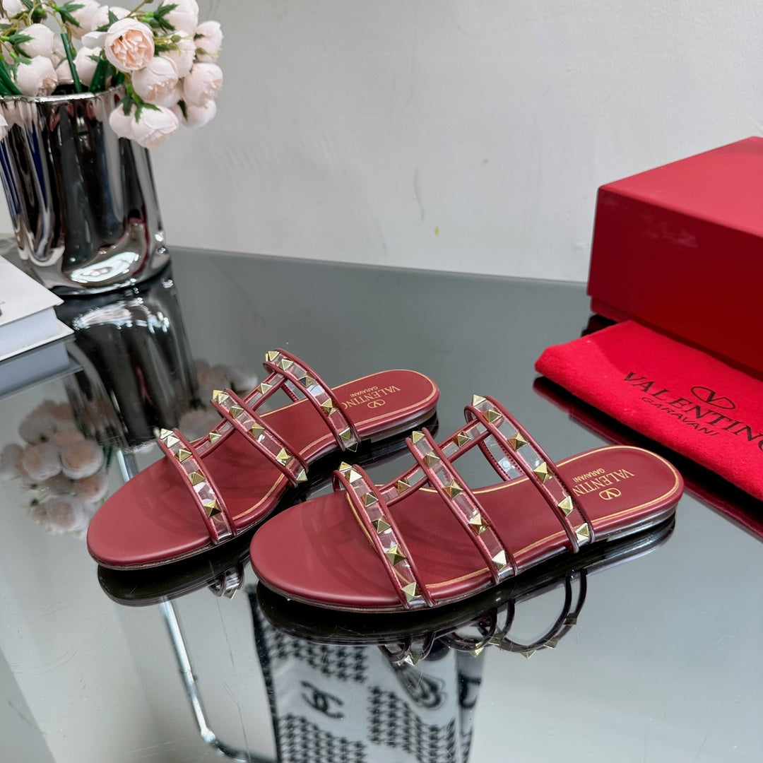 VT 25 Rockstud Flat Sandals Ruby Red PVC Sheepskin