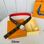 LV Initiales 30mm Reversible Belt Silver Rotating Buckle Red Brown Leather