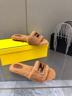 FENDI BAGUETTE SLIDE SLIPPERS IN CINNAMON BROWN WOOL