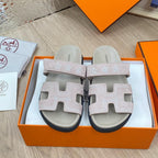 chypre sandal pinkish beige suede calfskin white thread embroidered
