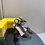 FENDI DELFINA HIGH-HEELED 10 CM SANDAL IN BROWN MONOGRAM FF CANVAS
