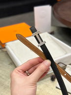 HM FOCUS BUCKLE & REVERSIBLE TAWNY BROWN AND BLACK LEATHER STRAP 13MM SILVER HARDWARE