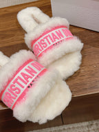 CD Dway Slide White Pink Fleece Lining And Canvas Fabric