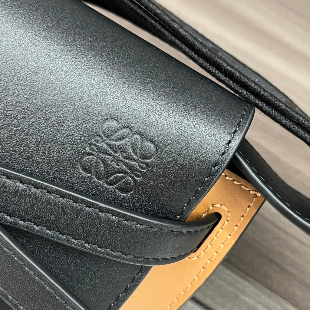 Mini Gate Dual bag in soft calfskin and jacquard Black and Tan smooth caflskin