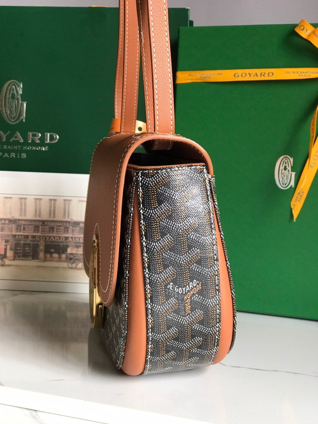 233 BAG 25 IN TAN CALFSKIN AND BLACK GOYARDINE CANVAS