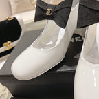 CC High Mary Janes 55mm White With Black Bow Glossy Calfskin 943288