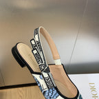 JAdior Slingback Flat Pastel Midnight Blue Multicolor Embroidered Cotton with Toile de Jouy Mexico Motif
