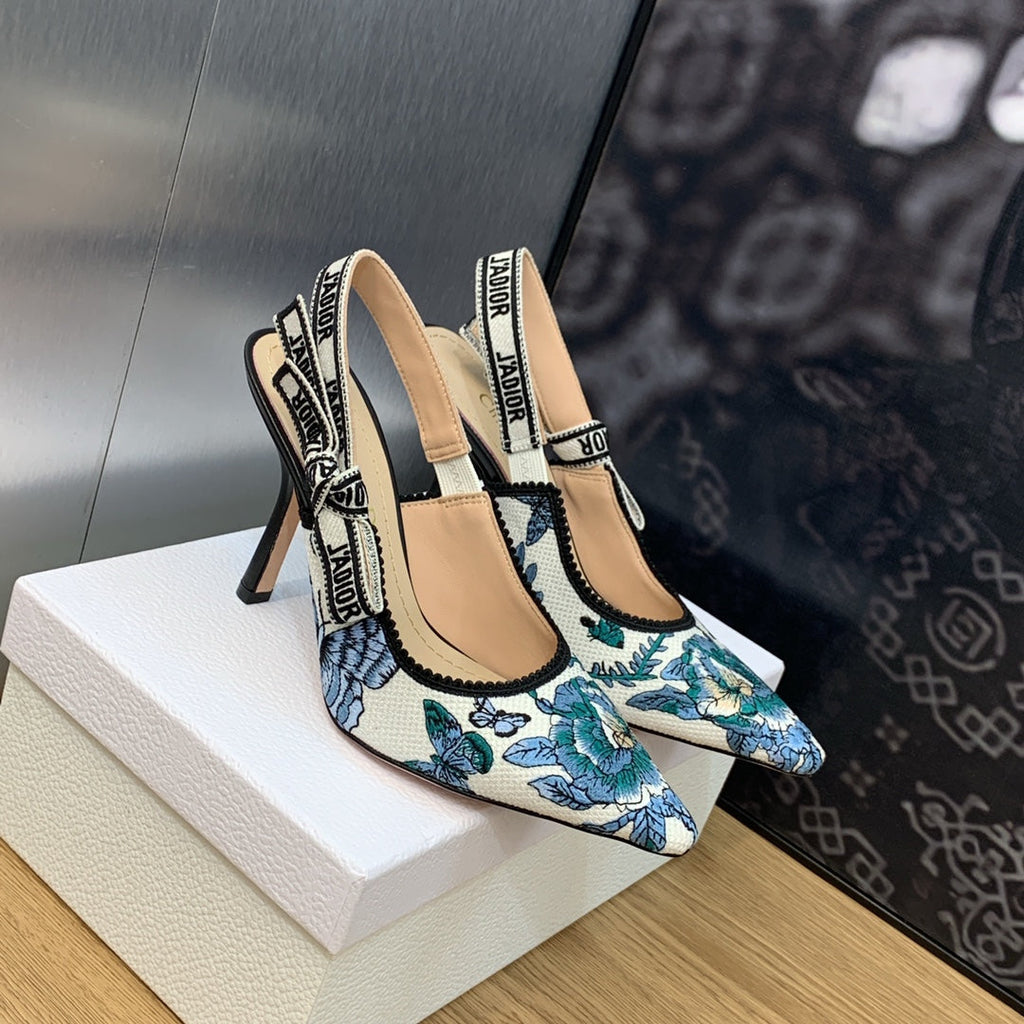 JAdior Slingback Pump 95 Pastel Midnight Blue Multicolor Embroidered Cotton with Toile de Jouy Mexico Motif