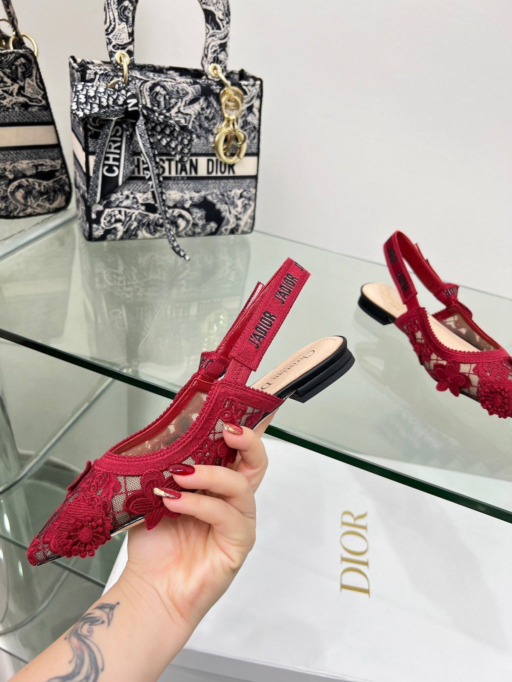 J'Adior Slingback Pump In Red Floral Embroidered Lace Fabric 100844