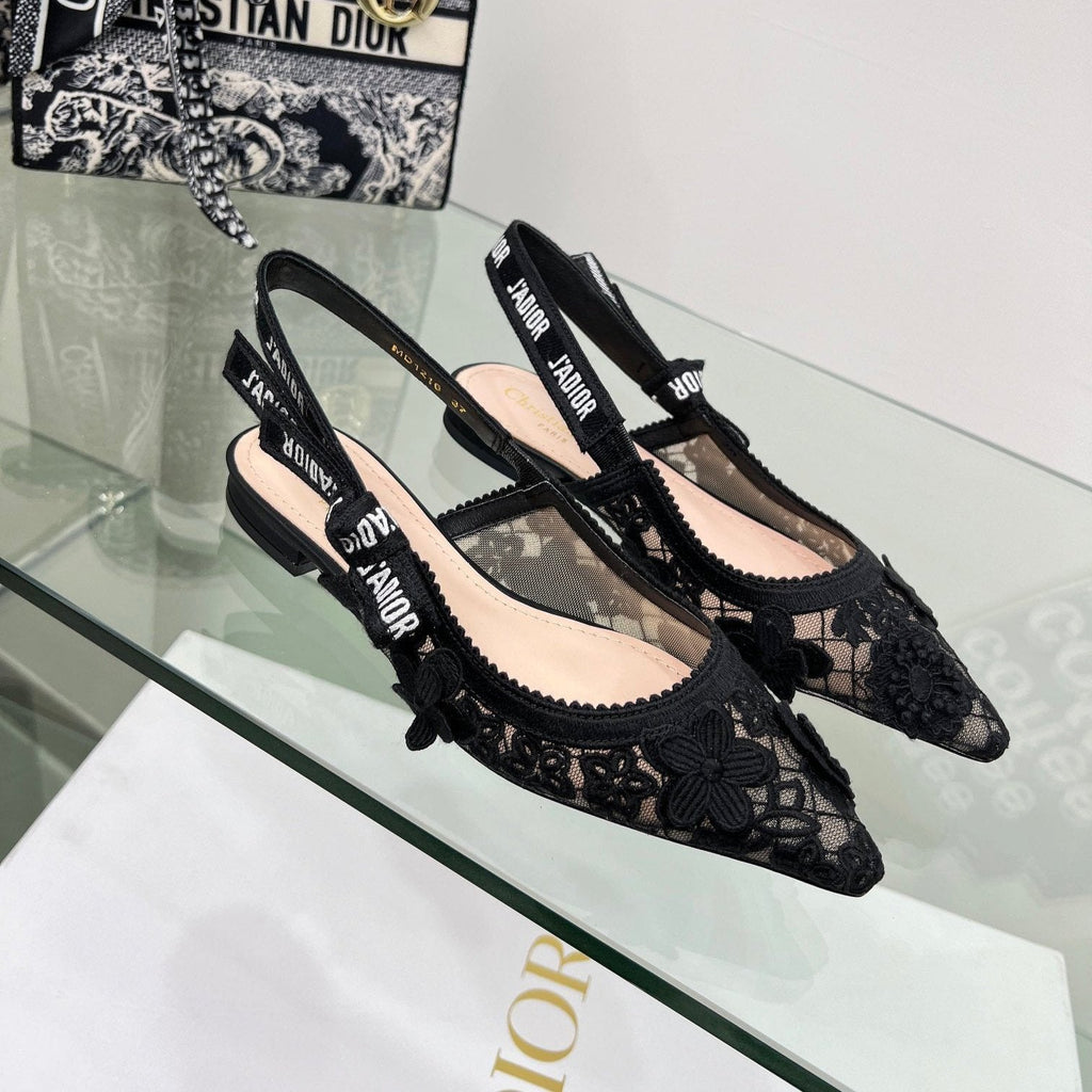 J'Adior Slingback Pump In Black Floral Embroidered Lace Fabric  100848